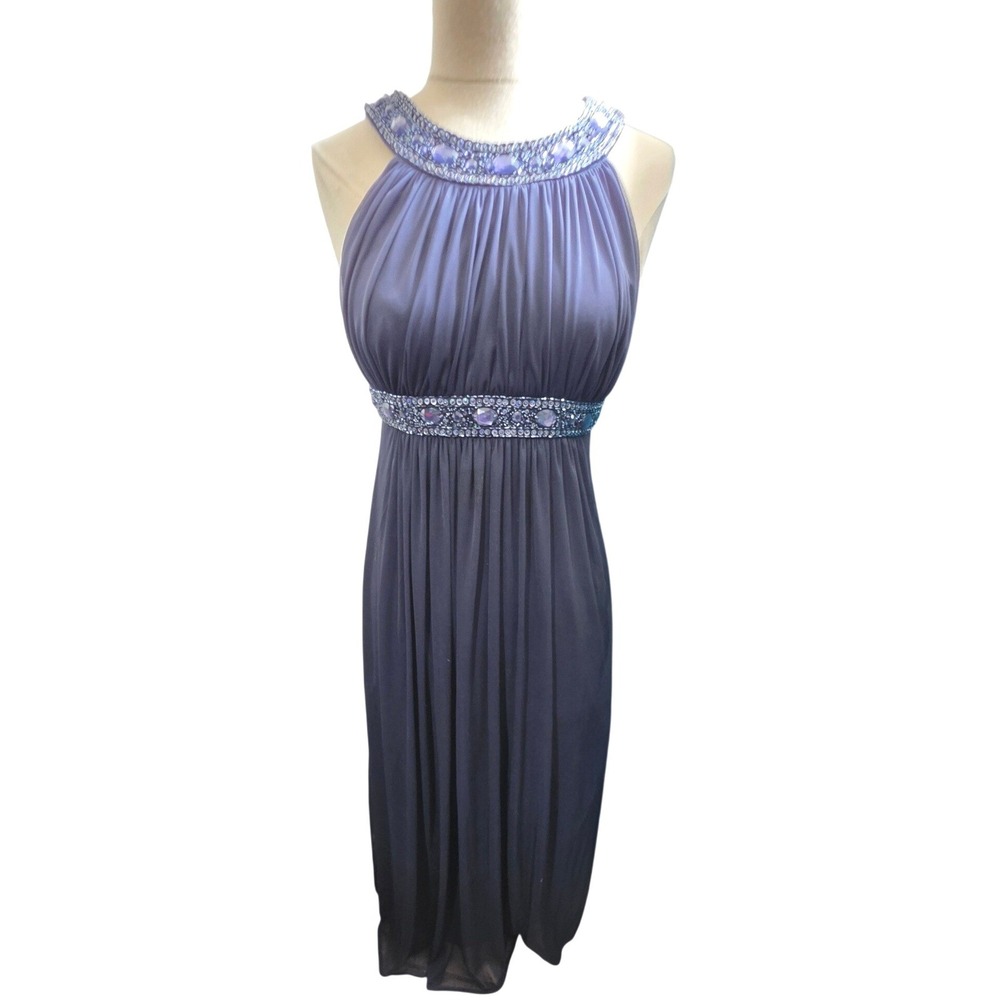 Purple Beaded Halter Empire Waist Gown Open Back Formal Evening Dress Sleeveless